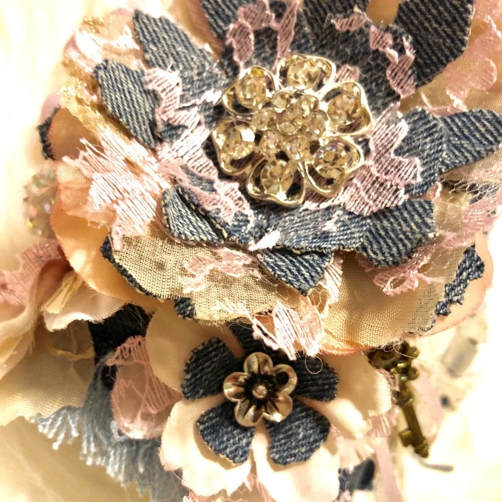 Denim Cuff Floral Pink Sabby Boho Chic Bracelet Handmade - Picture 6 of 8